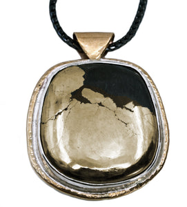Apache Pyrite Pendant In Sterling Silver And 14k Gold Fill On Black Rhodium Chain