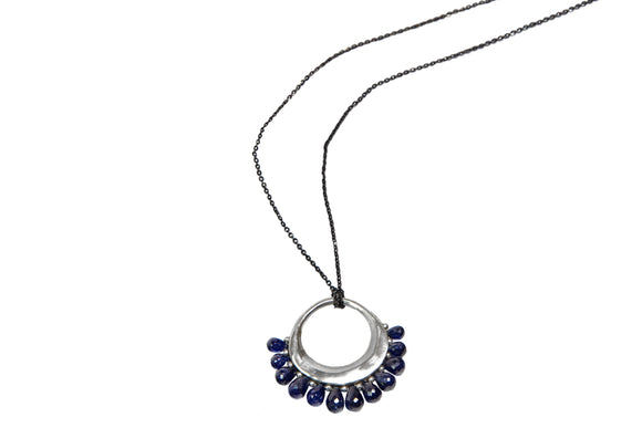 Blue Sapphire Briolettes On Silver Hoop And Long Oxidized Silver Chain