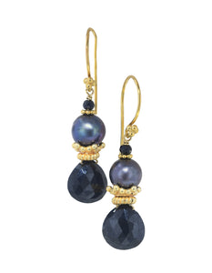 Black Spinel And Peacock Pearl Earrings With 24k Gold Vermeil