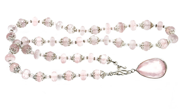 Large Rose Quartz Pendant With Rose Quartz Beads And Sterling Silver