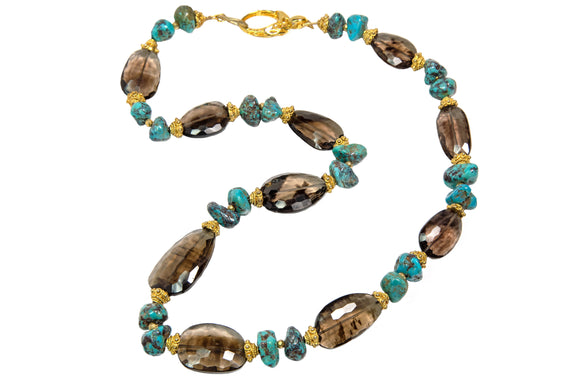 Rutilated Smoky Quartz With Turquoise And Gold Vermeil Beads
